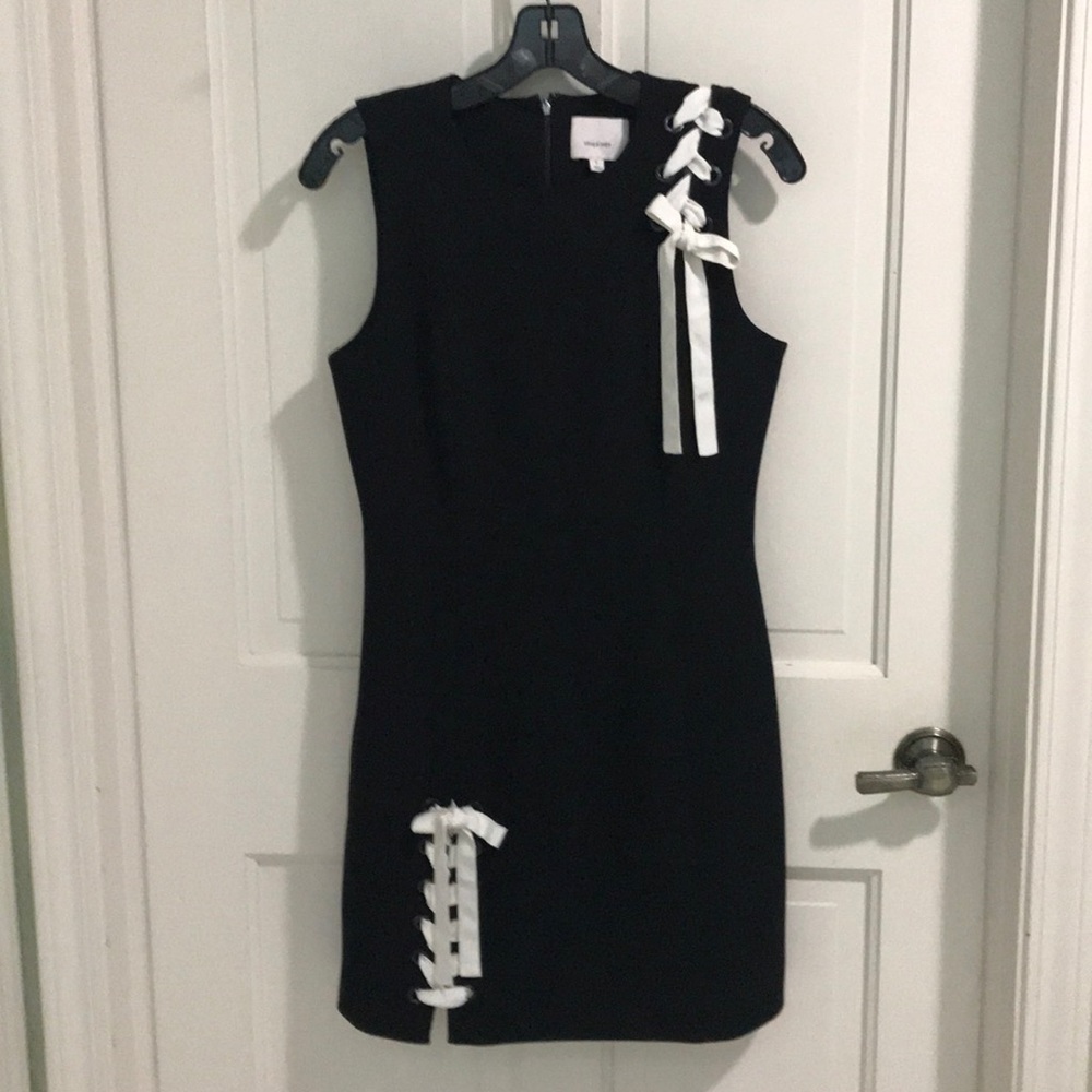 Sleeveless black dress cream grosgrain ribbon trim